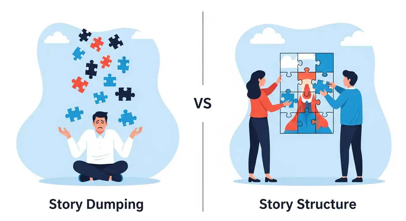 Story dumping vs. structure illustration. Puzzle pieces represent story elements, organized vs. chaotic.